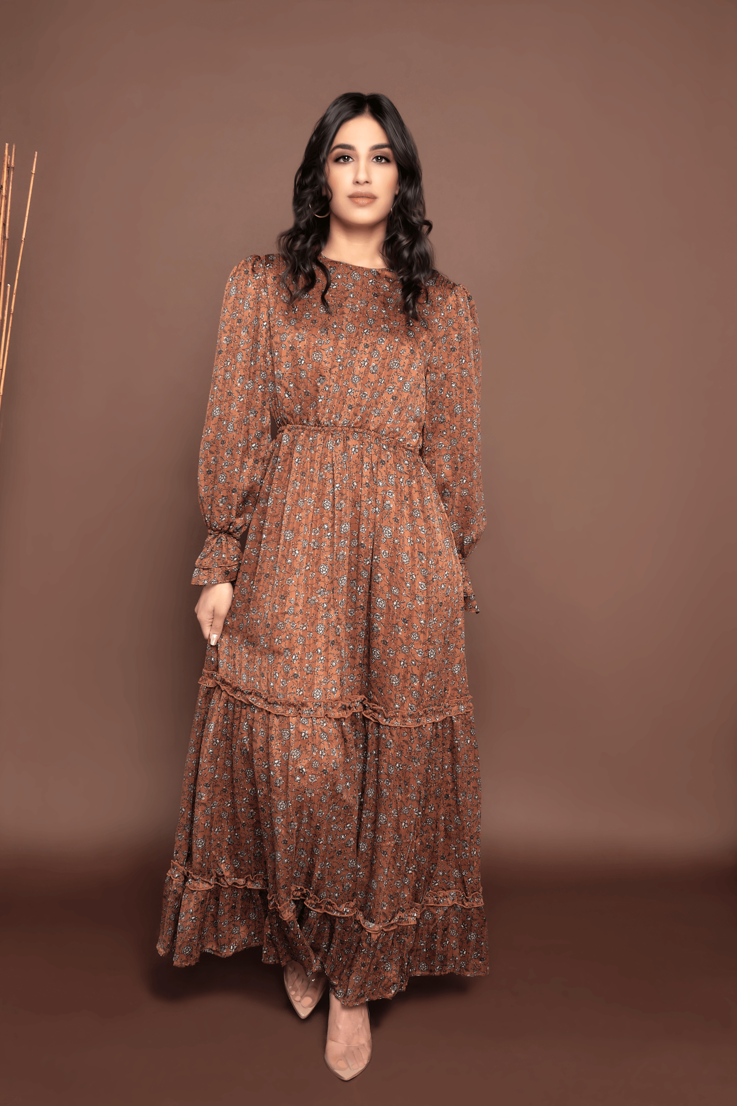 Alia Chiffon Lurex Dress-Brown S Alia Chiffon Lurex Dress-Brown S