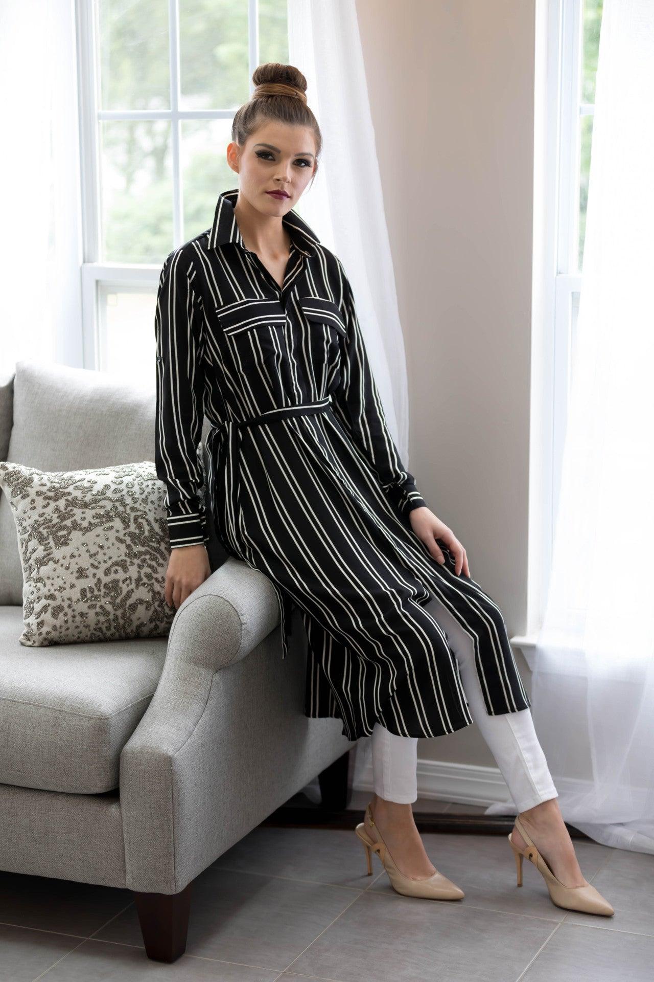 black striped shirt dress Black Striped Shirt Dress M / Maroon