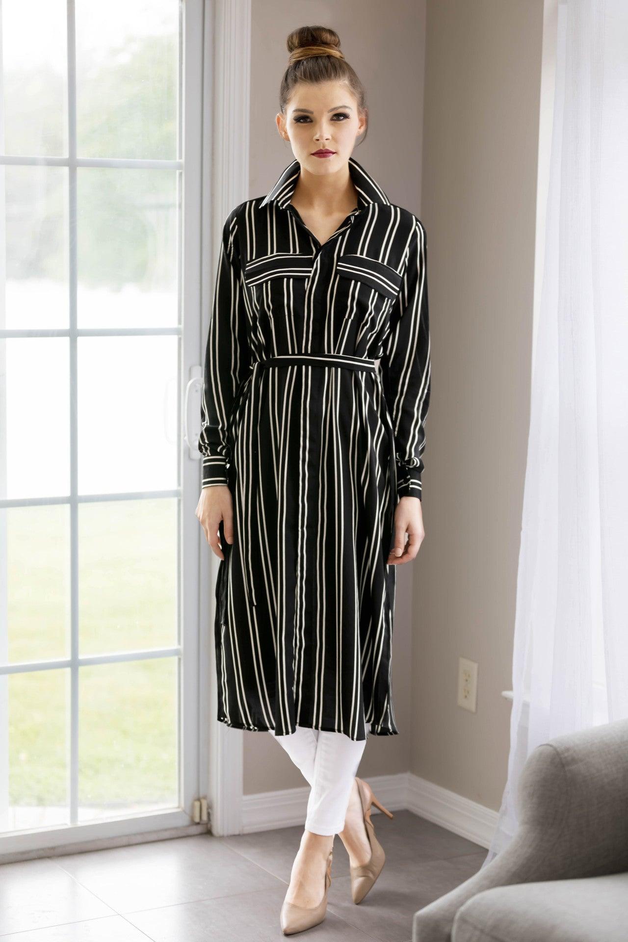 black striped shirt dress Striped Fitted Poplin Long Sleeve Mini Shirt Dress