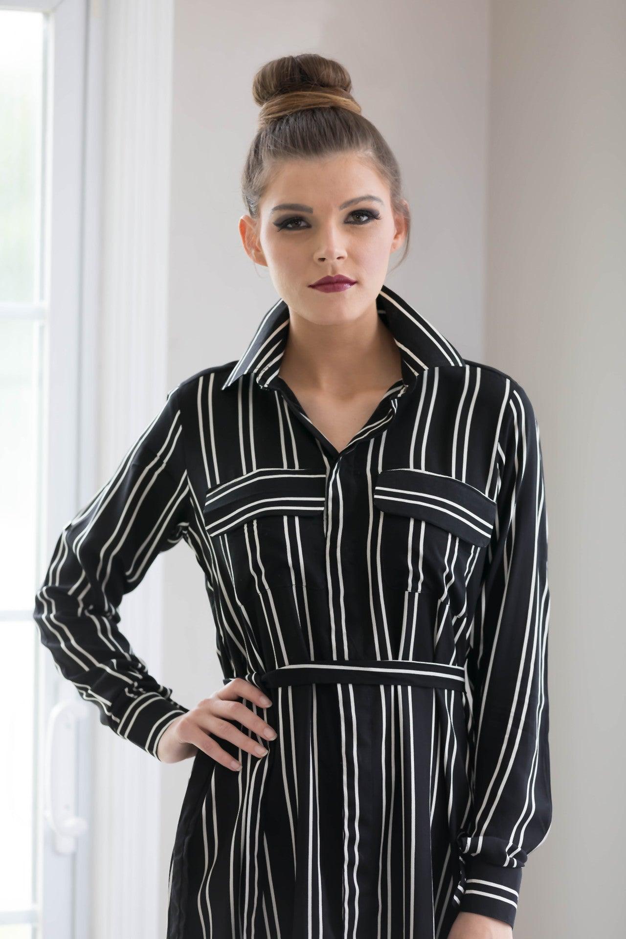 black striped shirt dress Hudson Striped T-Shirt Dress in Black